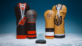 NHL official golf headcovers featuring a Carolina Hurricanes driver and fairway next to the Vegas Golden Knights driver and fairway.