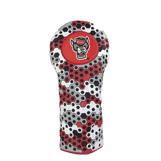 North Carolina State University fairway wood golf headcover in red, gray, white and black. 