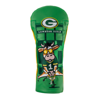 Green Bay Packers Bespoke Driver golf headcover in green with Packer logo, design of a cow riding a bike in green, brown, white and yellow, and Lambeau Field.