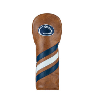 Penn State Nittany Lions golf club headcover with a worn leather look and navy and white striped design plus a logo on a white background