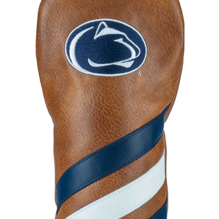 Penn State Nittany Lions golf club headcover with a worn leather look and navy and white striped design plus a logo on a white background