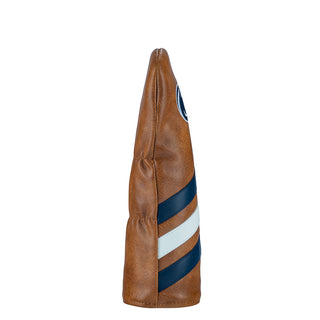 Penn State Nittany Lions golf club headcover with a worn leather look and navy and white striped design plus a logo on a white background