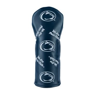 Navy blue Penn State University Nittany Lions golf fairway headcover with white text and logo on a white background