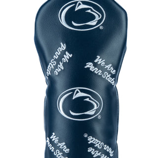 Navy blue Penn State University Nittany Lions golf fairway headcover with white text and logo on a white background