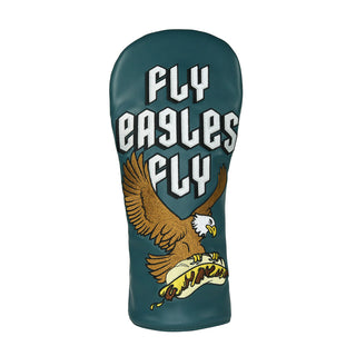 NFL Philadelphia Eagles driver golf headcover with an eagle flying with a philly cheesesteak in green, brown and white. 