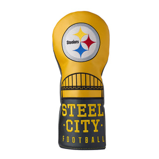 Steelers Steel City driver golf headcover in yellow, red, blue, gray, white and black.