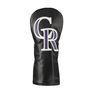 Black carbon fiber driver golf club head cover with officially licensed Colorado Rockies logo on a white background.