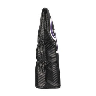 Black carbon fiber driver golf club head cover with officially licensed Colorado Rockies logo on a white background.