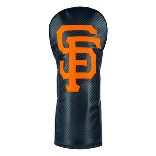 Black carbon fiber MLB SF Giants golf driver headcover with orange logo on a white background.