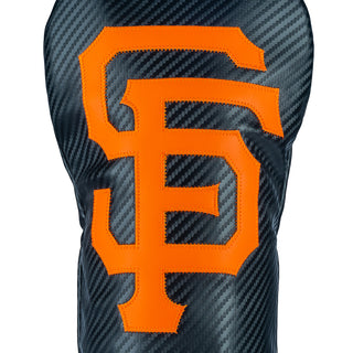 Black carbon fiber MLB SF Giants golf driver headcover with orange logo on a white background.