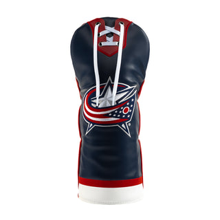 A hockey-themed golf driver headcover featuring the Columbus Blue Jackets logo, with navy blue, red, and white colors, white laces, and a white base, shown on a plain white background.