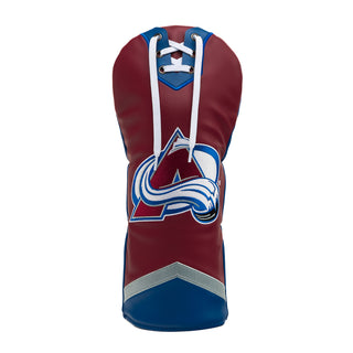 A Colorado Avalanche themed golf driver headcover in maroon, blue, and white, featuring the team logo and white laces on a plain white background.