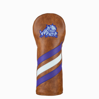 Golf club head cover with brown leather, purple and white stripes, and a TCU Horned Frogs logo on a white background