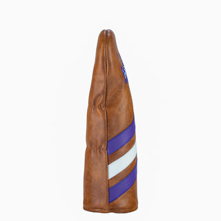 Golf club head cover with brown leather, purple and white stripes, and a TCU Horned Frogs logo on a white background