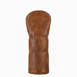 Golf club head cover with brown leather, purple and white stripes, and a TCU Horned Frogs logo on a white background