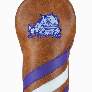 Golf club head cover with brown leather, purple and white stripes, and a TCU Horned Frogs logo on a white background