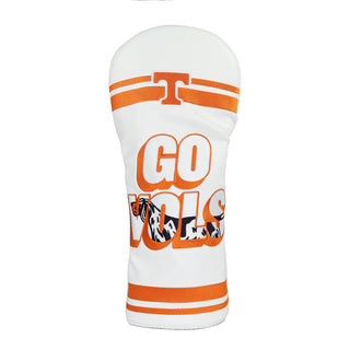 Tennessee Go Vols driver headcover in white, orange and black with dog image in Go Vols lettering.