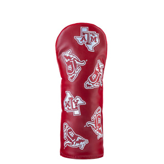 Texas A&M red fairway golf club headcover with white logos on a white background