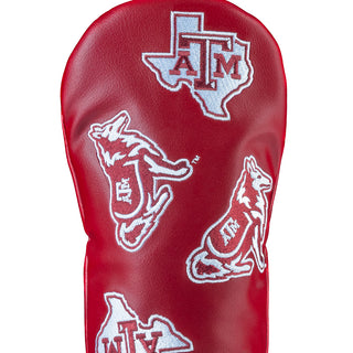Texas A&M red fairway golf club headcover with white logos on a white background